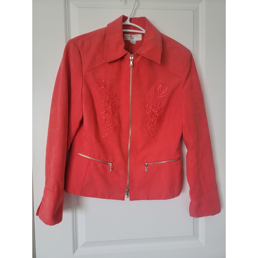 Concepts Conrad C Women Coral Red Faux Suede Embroidered Zip Up Jacket Size 4